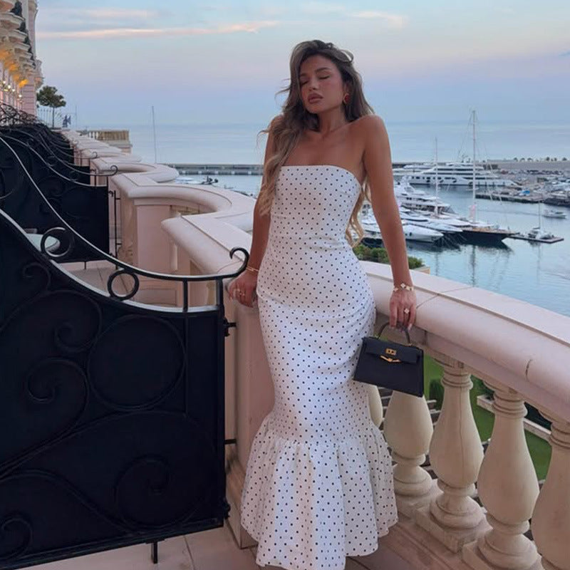 White Polka Dot Tight Strapless Tight Waist Fishtail Hip French Sexy Vacation Long Dress
