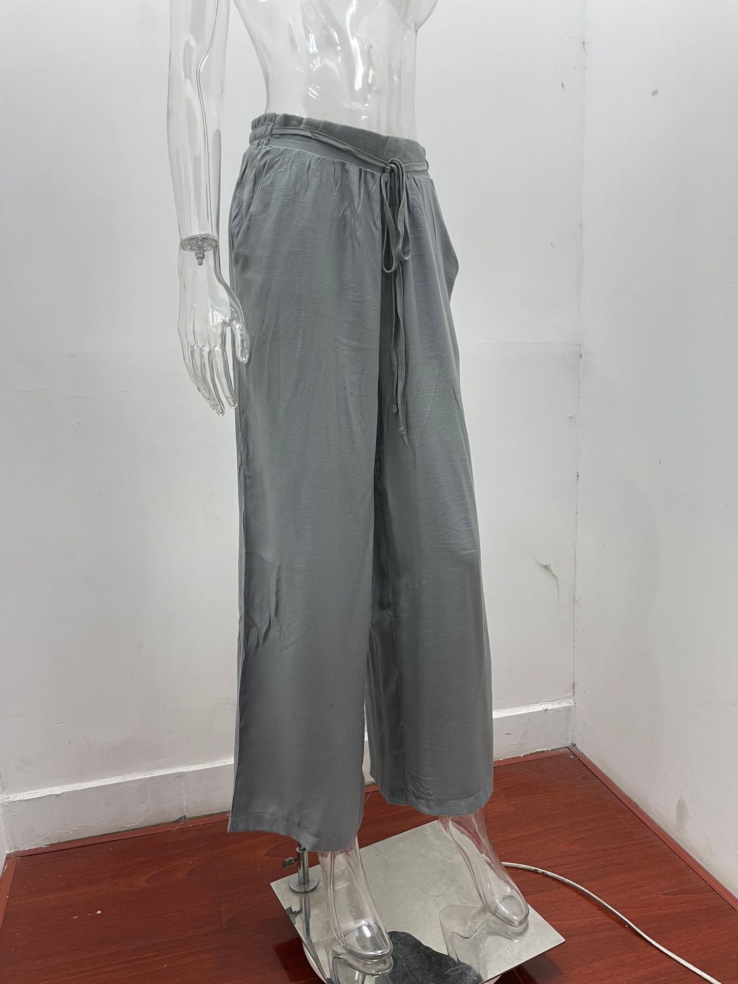 Summer Women High Waist Casual Trousers Solid Color Elastic Waist Lace-up Loose Wide-Leg Pants Women