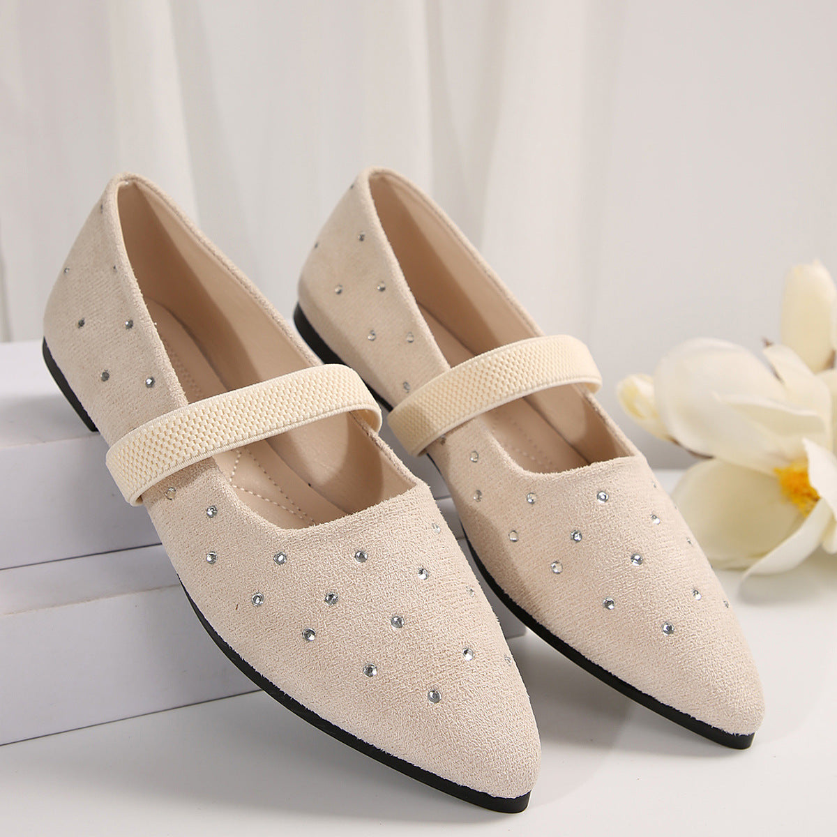 Pointed Toe Rhinestone Low Cut Flat Pumps Women Suede Four Seasons Work Shoes Supply