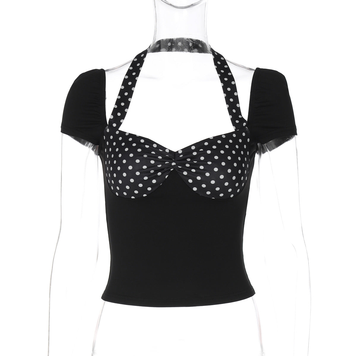 Women Clothing Spring Summer Halter Short Sleeve Backless Top Polka Dot Stitching T shirt Top