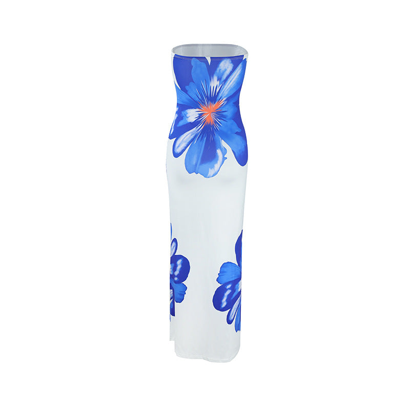 Summer Women Casual Tube Top Printed Long Vacation Dress