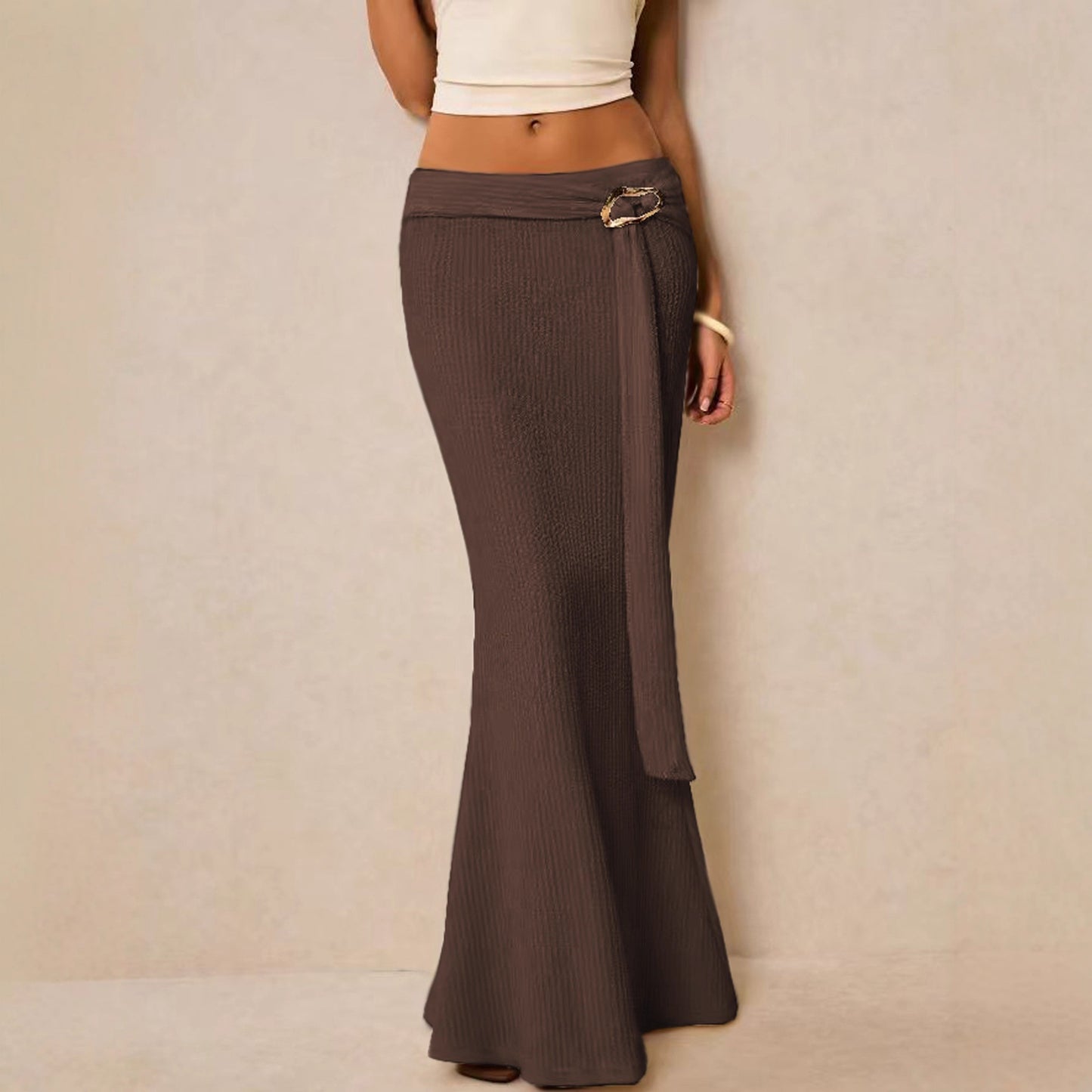 Autumn Winter Women Solid Color Sexy Knitted Skirt Metal Accessories Slim Fit Sheath Dress