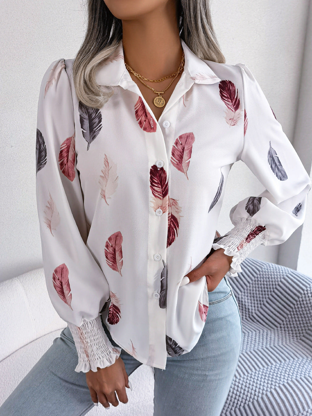 Spring Summer Elegant Feather Lantern Sleeve Collared Shirt Women Clothing
