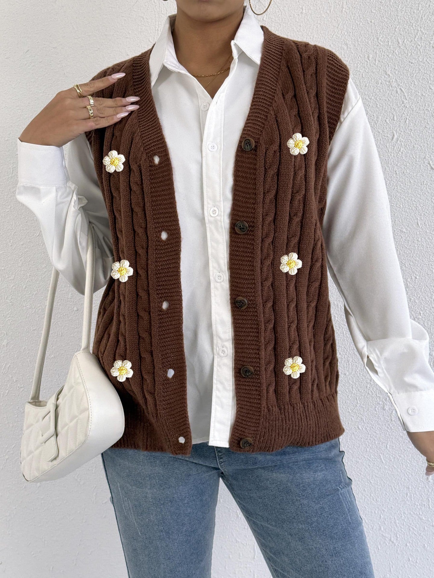 Women Knitted Cardigan Autumn Winter Women Clothing Casual Outerwear Vest Twist Woven Sweater Three Dimensional Floral Stitching Vest