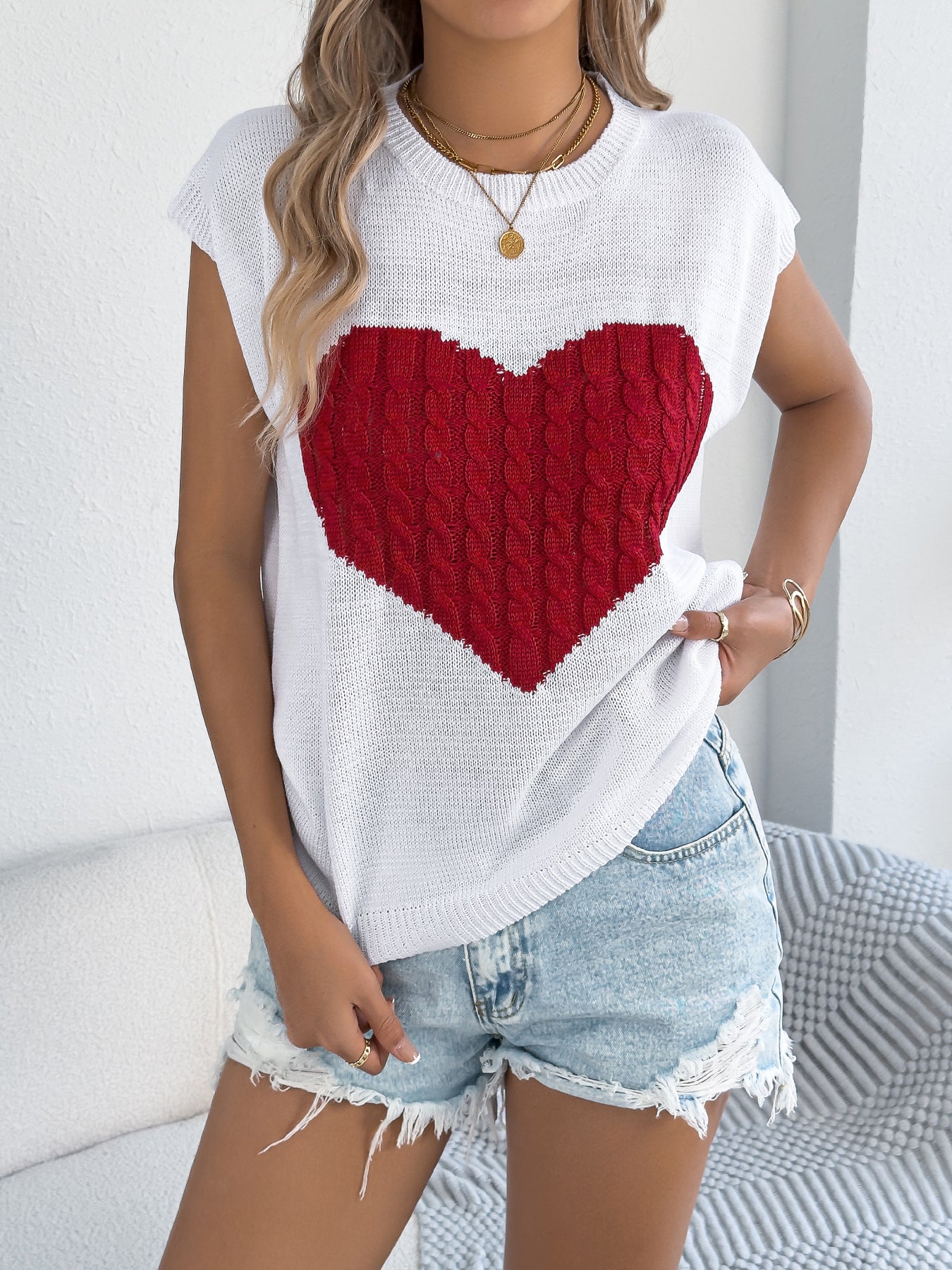 Spring Summer Contrast Color Love Casual Loose Knitwear Valentine Day Top Women Clothing