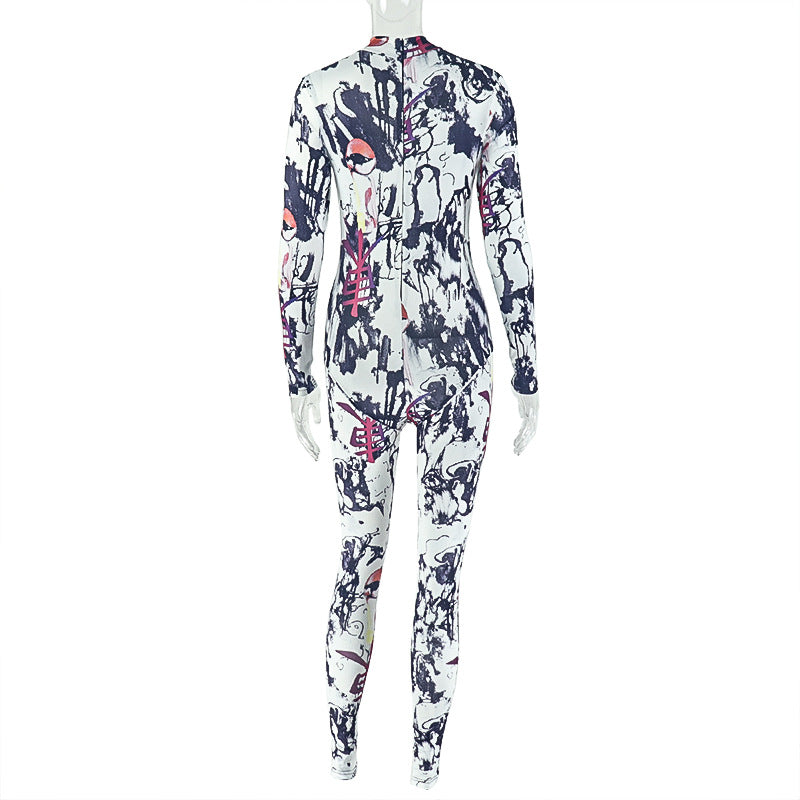 Personality Women Printed Wear Color Matching Tight Jumpsuit Stand Collar Elastic Sheath Long Jumpsuit