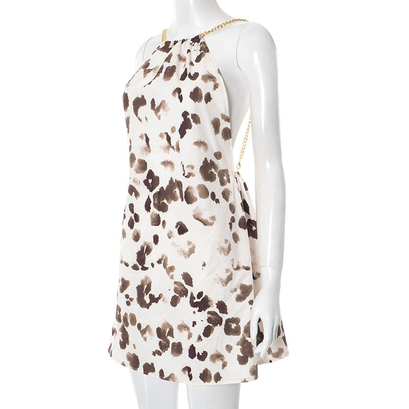 Summer Irregular Asymmetric Pattern Print Halter Backless Slip Dress