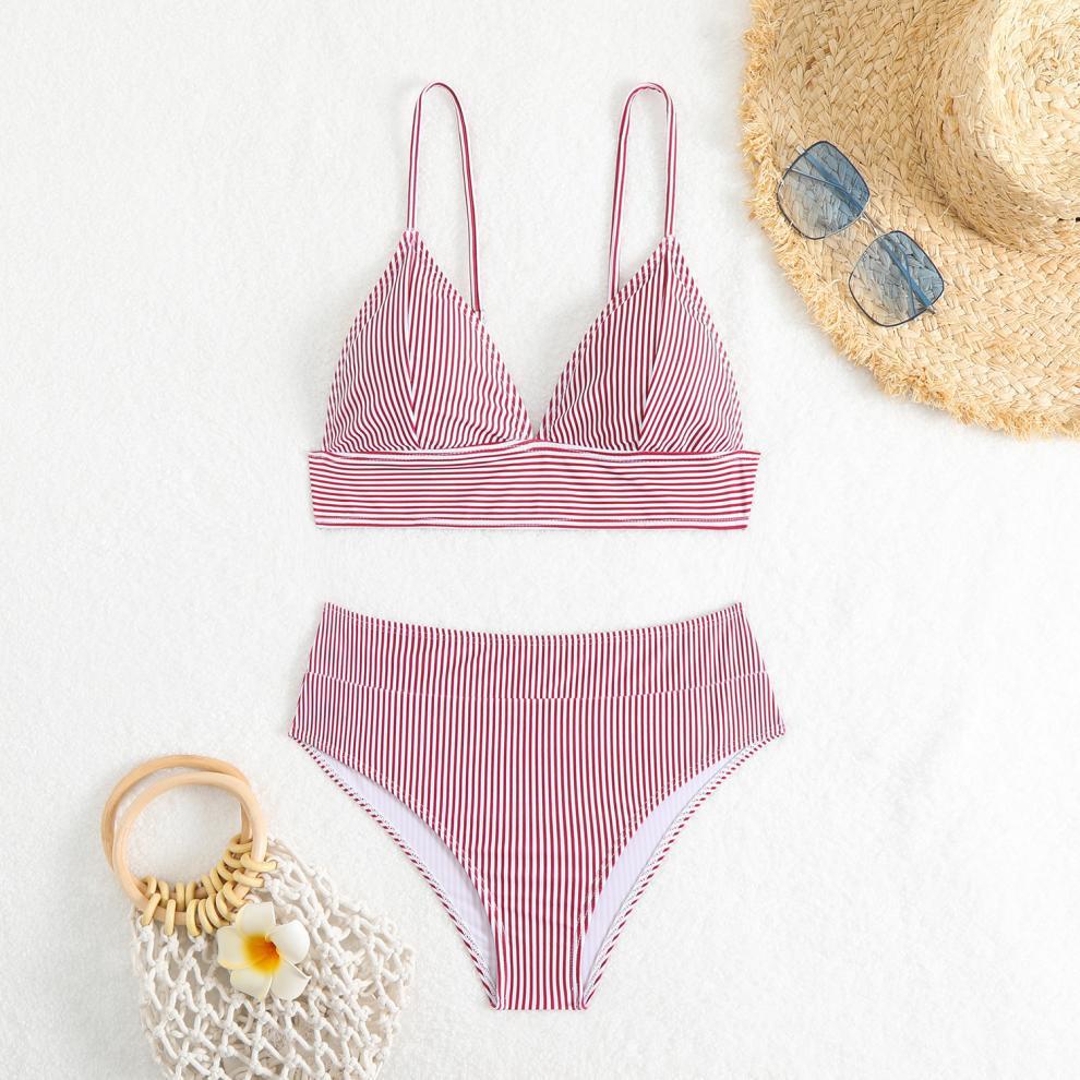 Split Swimsuit Bikini Sexy Swimsuit Slim Striped High Waist Bikini Swimsuit