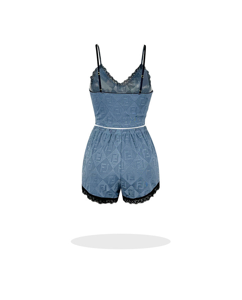 Lace Stitching Jacquard Pajamas Set Sexy Suspender Shorts Pajamas Two Piece Sets