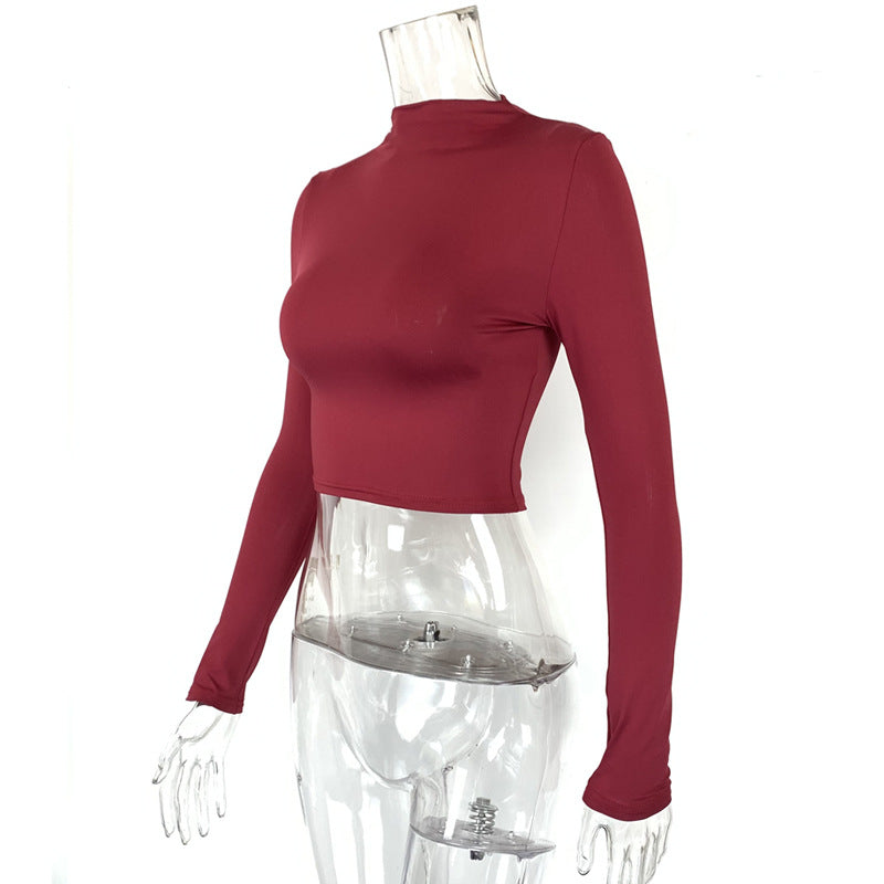 Women Clothing Autumn Solid Color Sexy Tight cropped Long Sleeve Half Turtleneck T shirt Bottoming Shirt