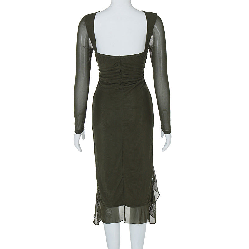 Women Clothing Summer Mesh Long Sleeve Backless Slit Ruffled Dress