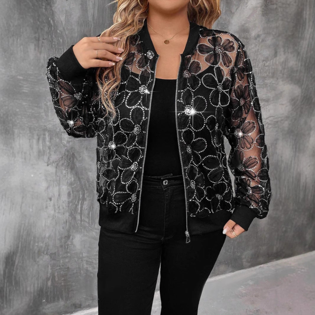 Plus Size Sequin Gauze Thread Stitching Zipper Cardigan Outerwear Sun Protective Clothing