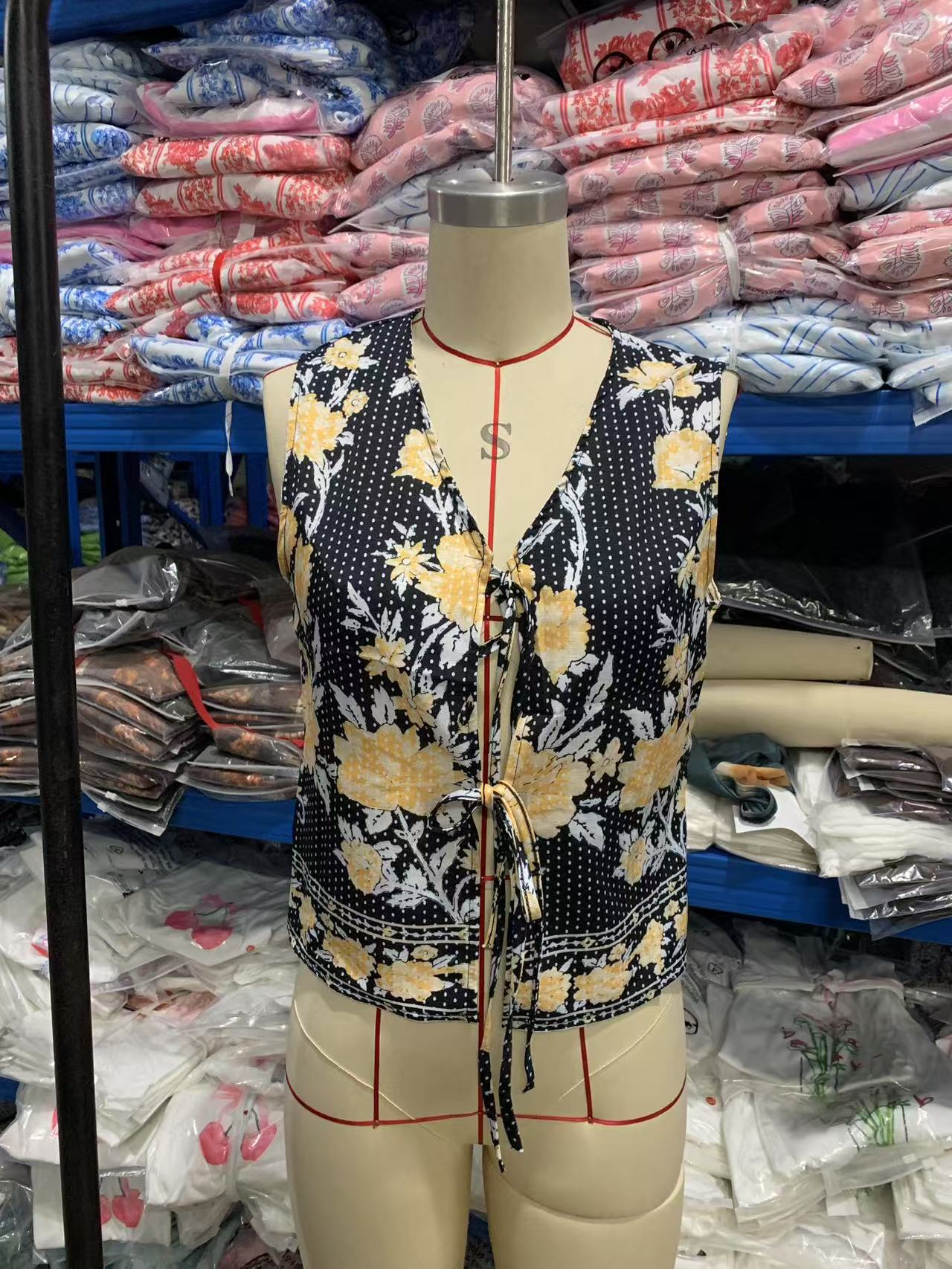 Women Tops Vintage Print Lace up Loose Ladies Vest