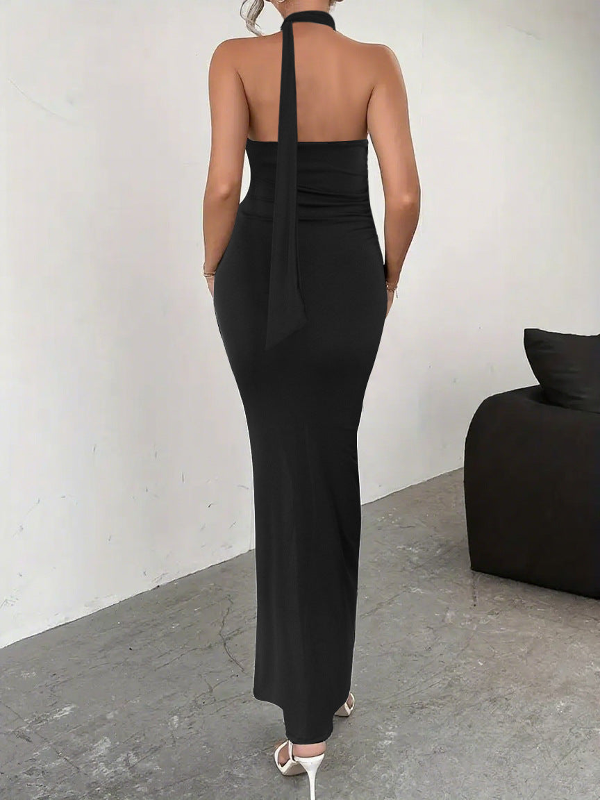 Sexy Backless Lace up High Slit Dress Ribbon Design Sleeveless Dress
