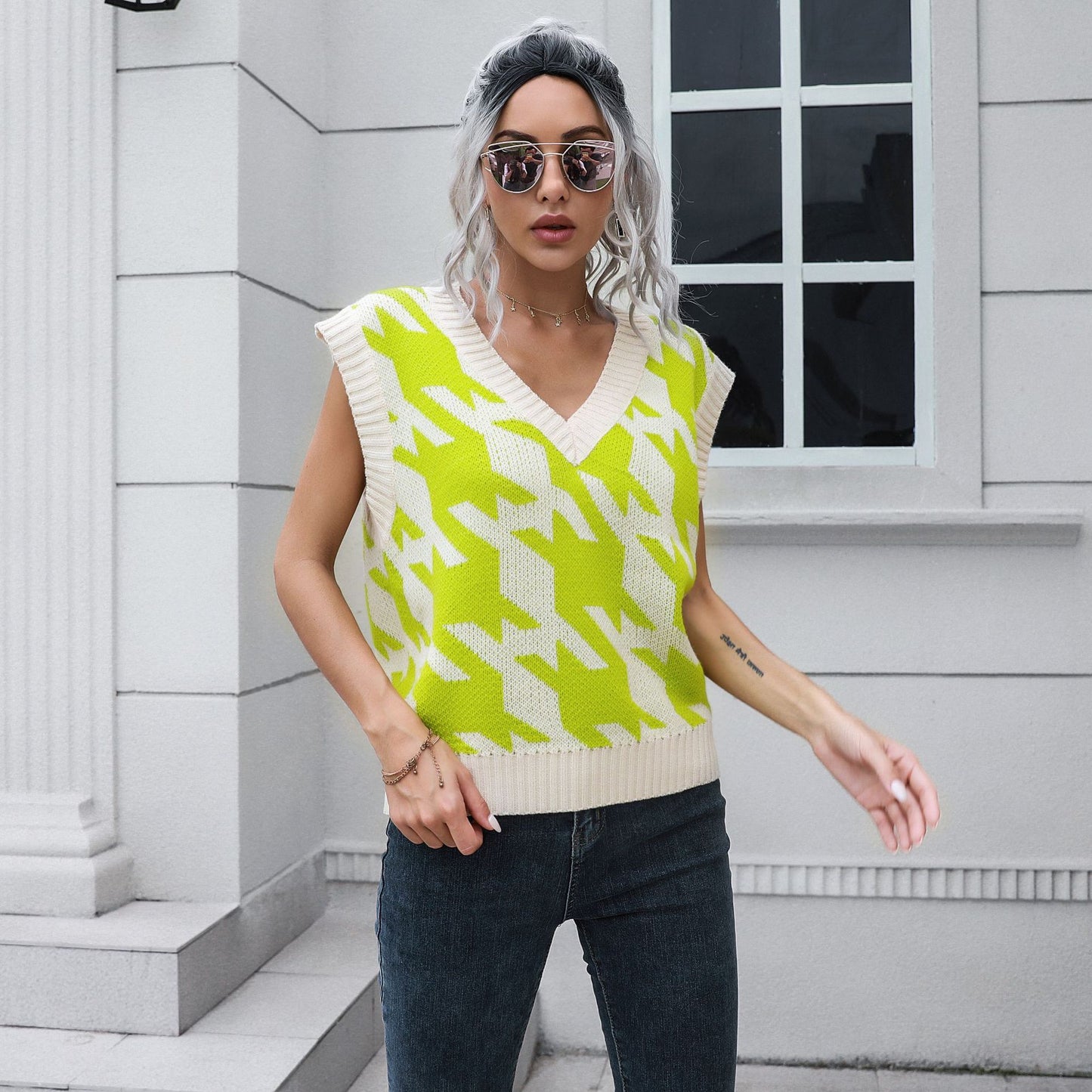 Houndstooth V-neck Vest Sweater Women Vest Outer Wear Inner Wear Autumn Winter Knitwear Sweater Boucle