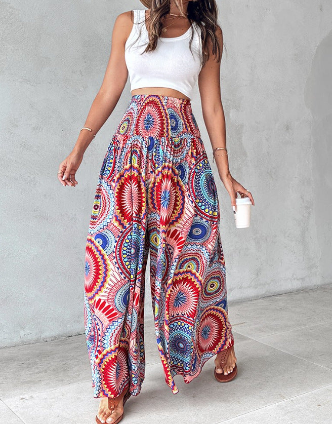 Women Clothing Printed Waist-Controlled Casual Trousers Wide Leg Pants