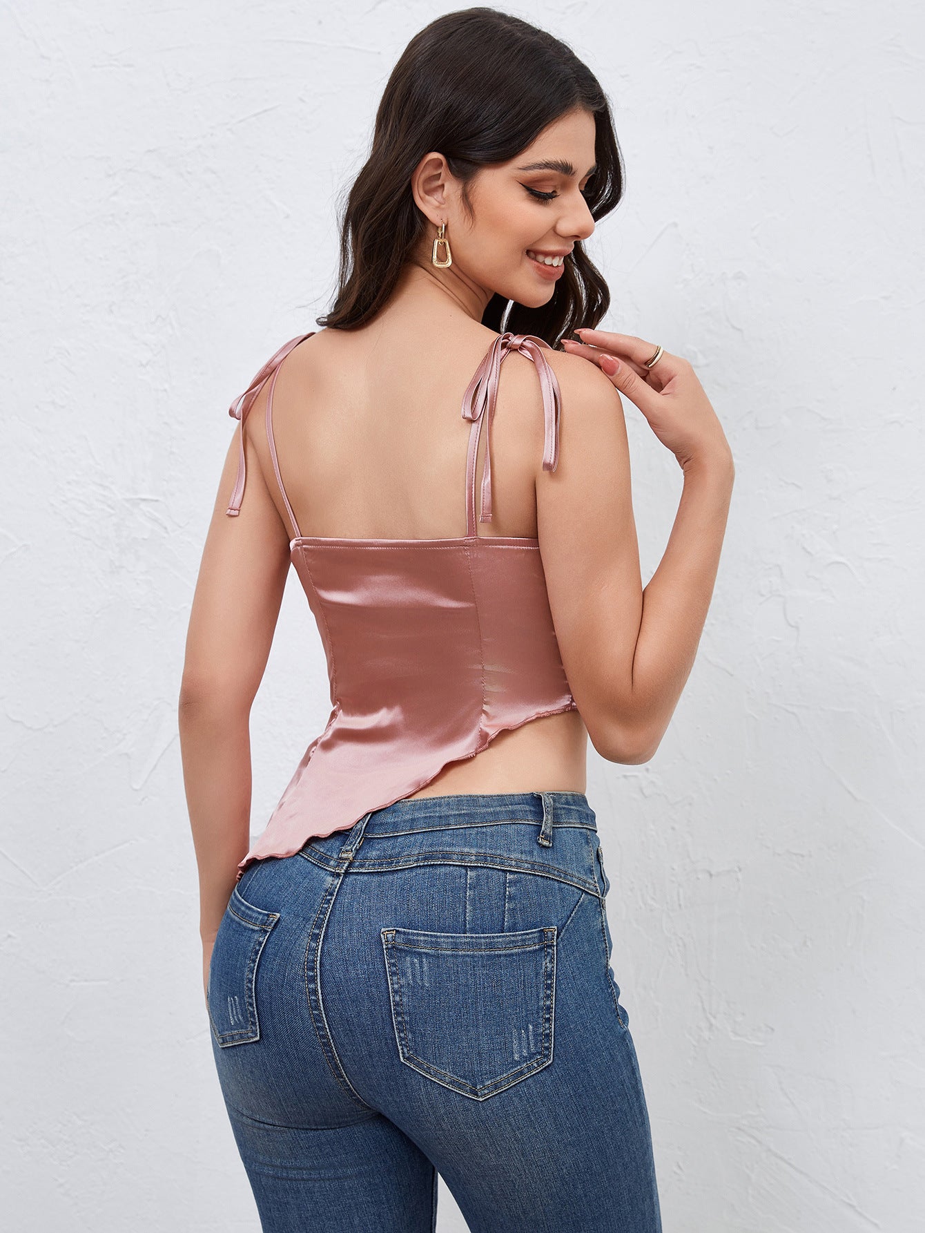 Vinegar Satin Acid Lace up Fashionable Irregular Asymmetric Hem Slim Fit Sexy Short Top