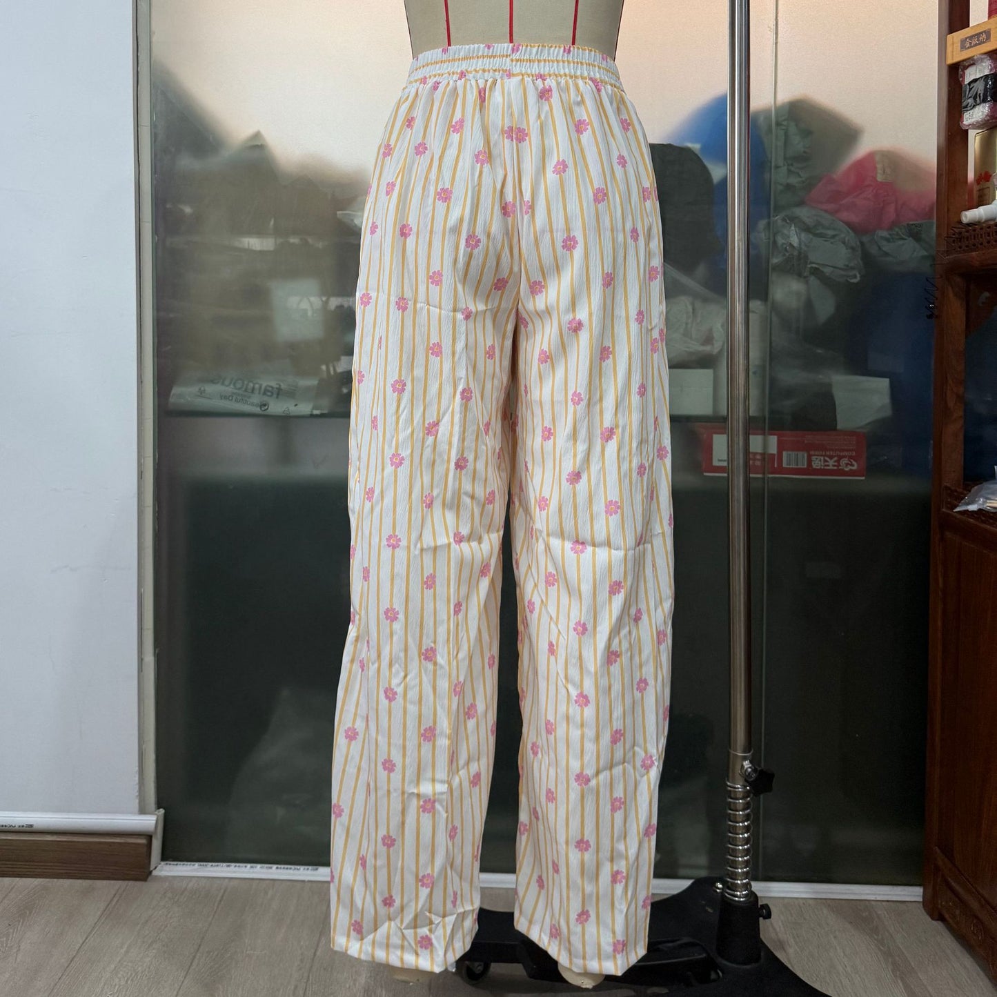 Thin Striped Printed Women Casual Pants Summer Drawstring Straight Loose Wide Leg Mop Pants