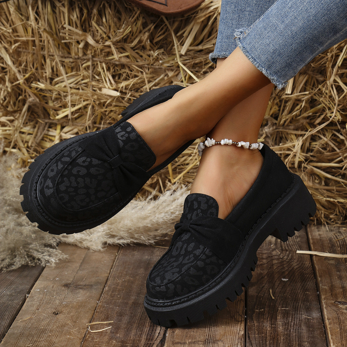 Leopard Print Color Matching Platform Shoes Women Retro Mid Mouth Slip on Loafers