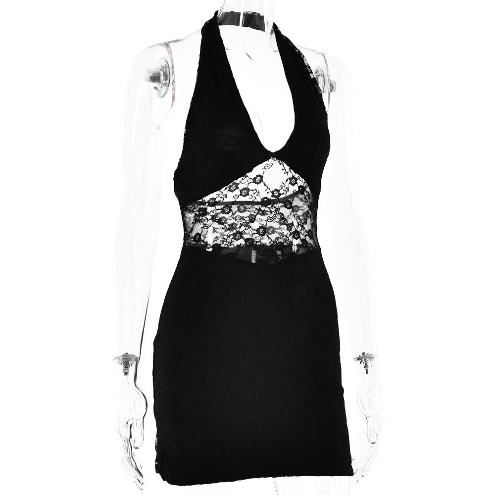 Spring Dress Sexy Trend V neck Halter Lace Stitched Backless Dress