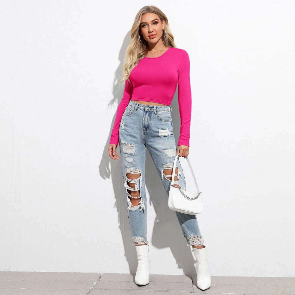 Autumn Winter Women Short Slim Fit High Elastic Long Sleeved T shirt Top