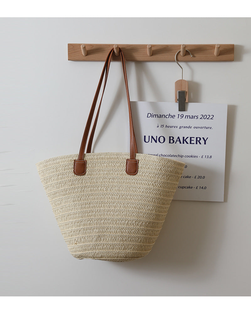 Simple Shoulder Straw Bag Large Capacity Straw Bag Woven Bag Tote Bag Women Seaside Vacation Beach Bag