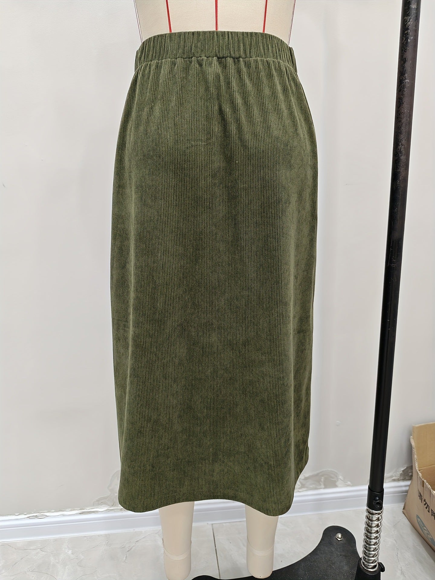 Women Autumn Skirt Casual Office Elastic Waist Breasted Patch Pocket Mock Fly Straight Mid Length Skirt