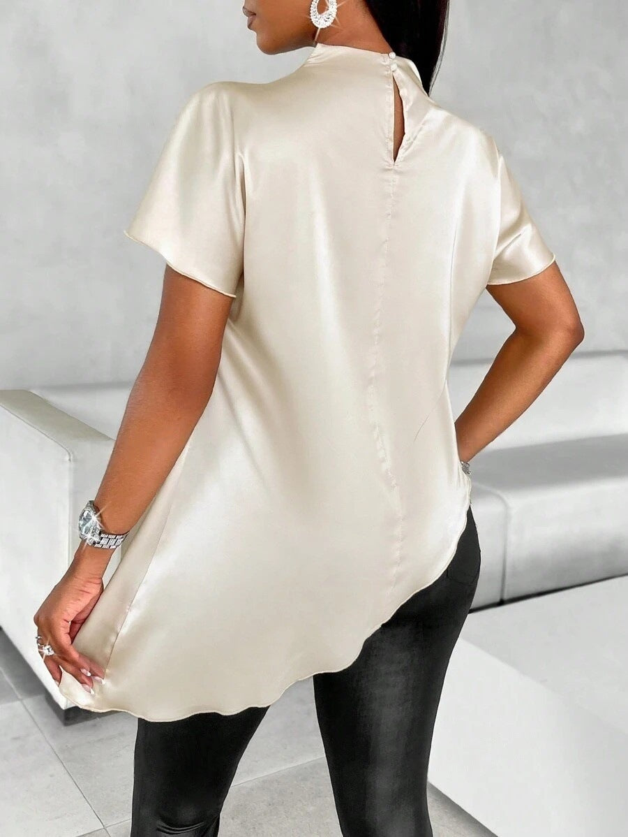 Satin Shirt Autumn Winter Batwing Sleeve Asymmetric Hem Shirt Top