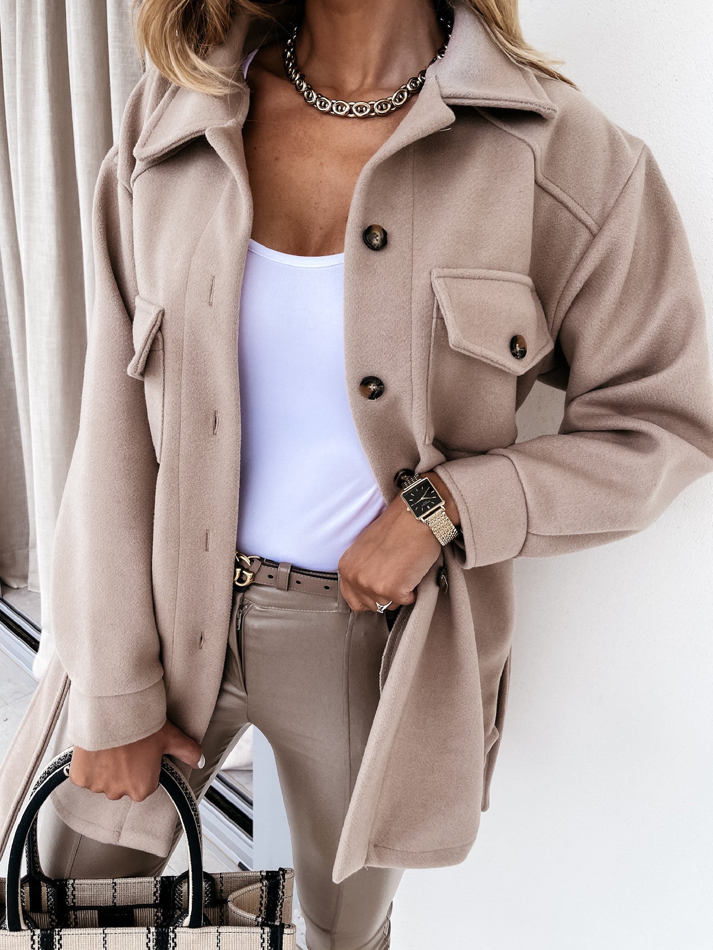 Fall Winter Lapels Single Breasted Thickened Solid Color Shirt Woolen Baggy Coat Female