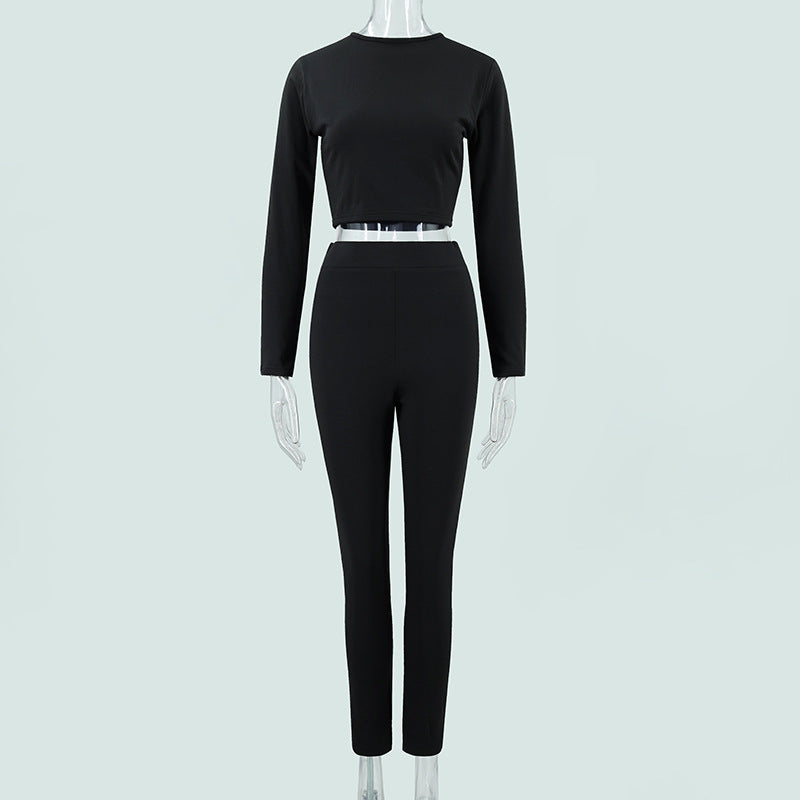 Women Clothing Autumn Simplicity round Neck Long Sleeve Top Low Waist Hip Wrapped Tight Trousers Two Piece Sets