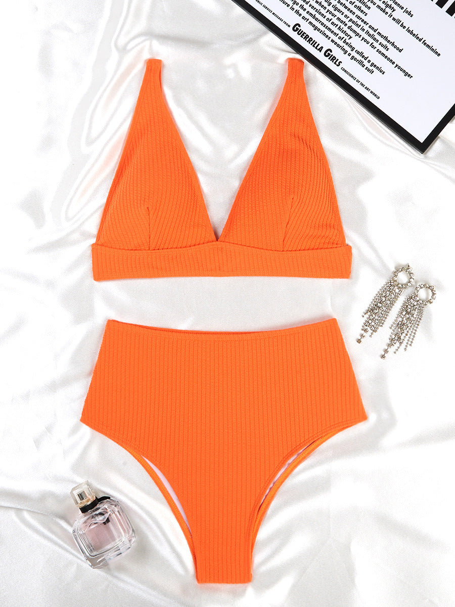 Solid Color High Waist Sunken Stripe Bikini Sexy Swimsuit Women Split Special Fabric Swimsuit