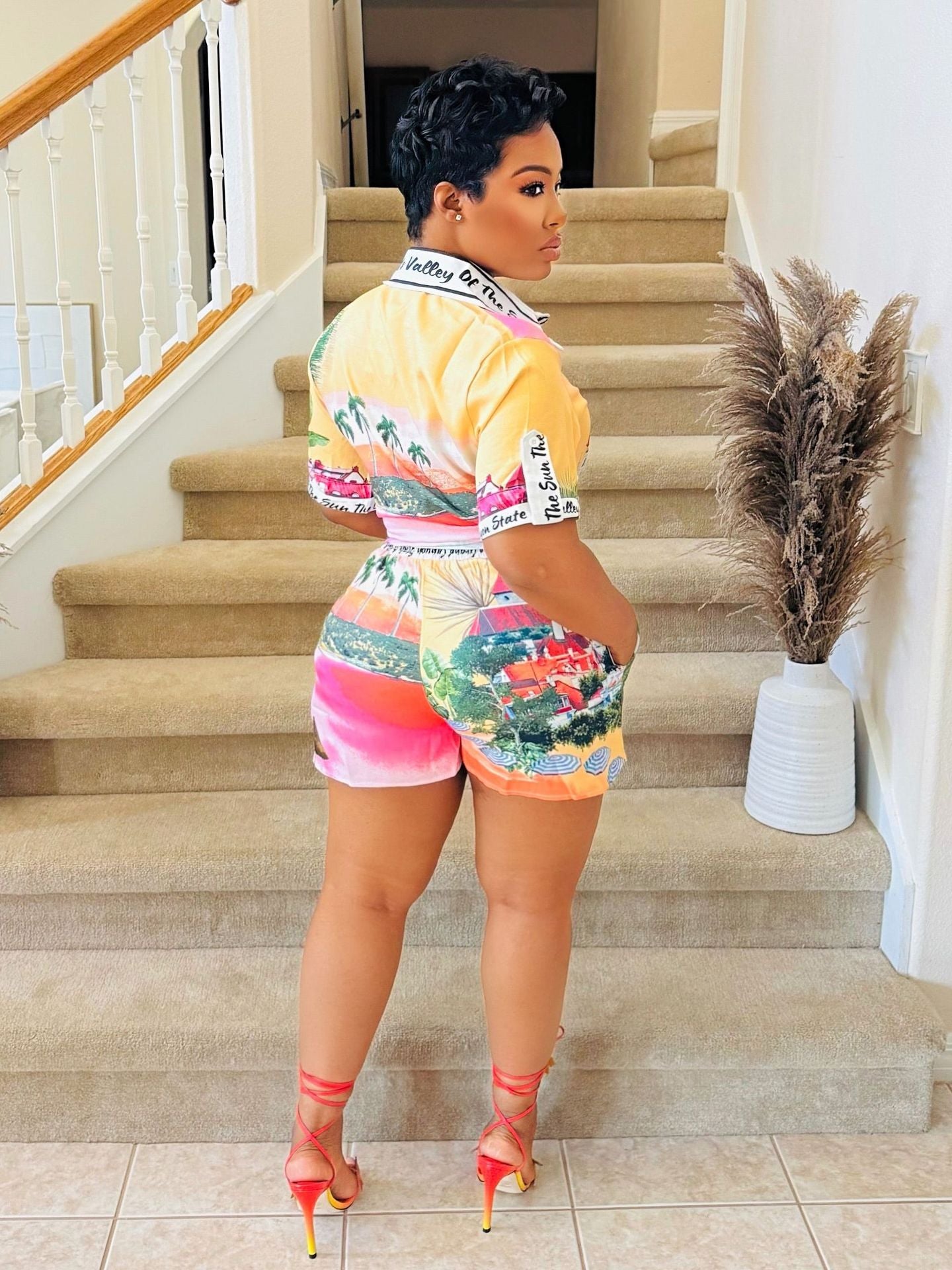 Women Clothing Personalized Positioning Printed Short Sleeved Shorts Color Matching Vacation Casual Two Piece Sets