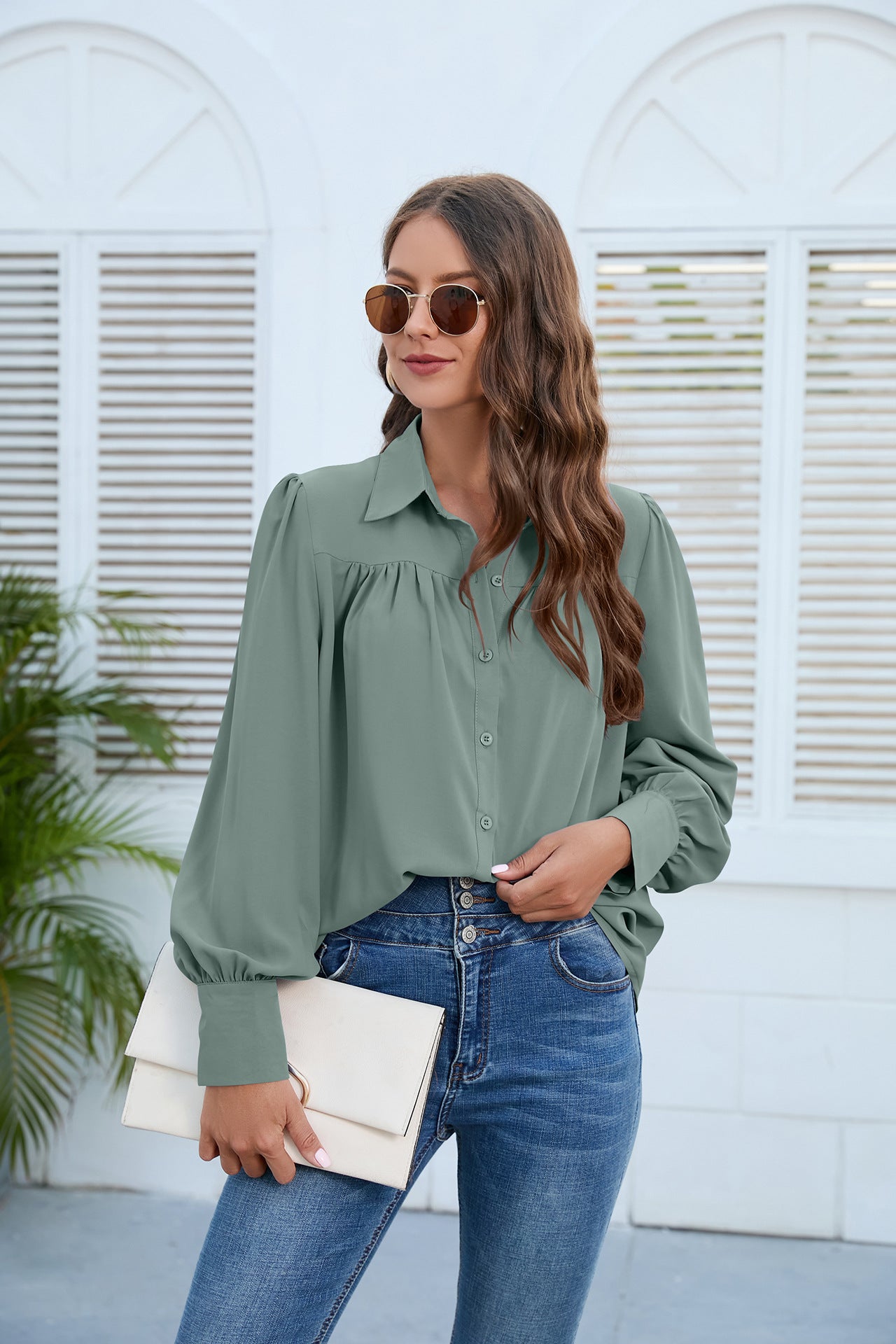 Women Clothing Spring Autumn Chiffon Shirt Women Shirt Pleated Long Sleeved Top Women
