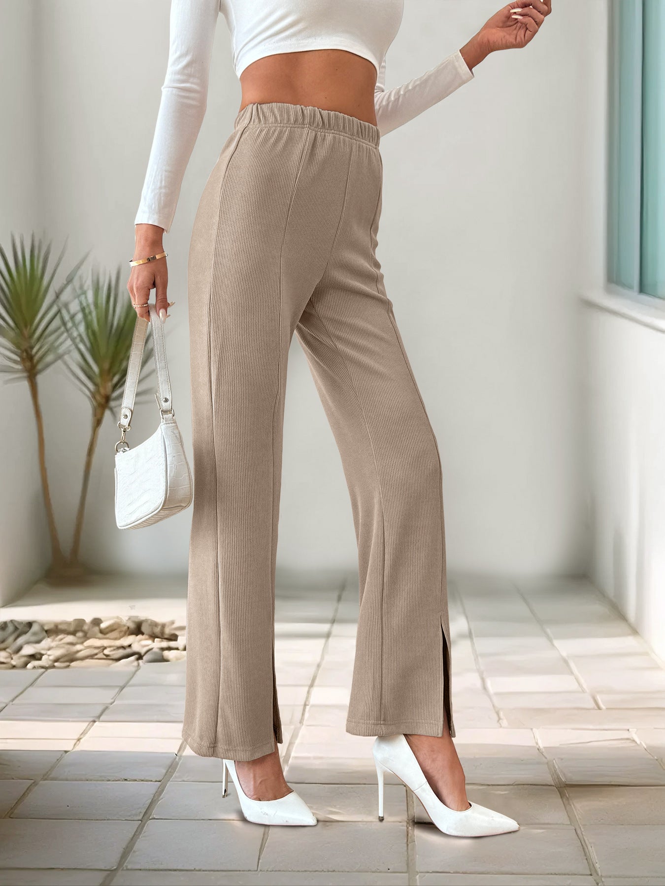 Autumn Office Casual Simple Loose High Waist Slit Solid Color Straight Leg Pants Women