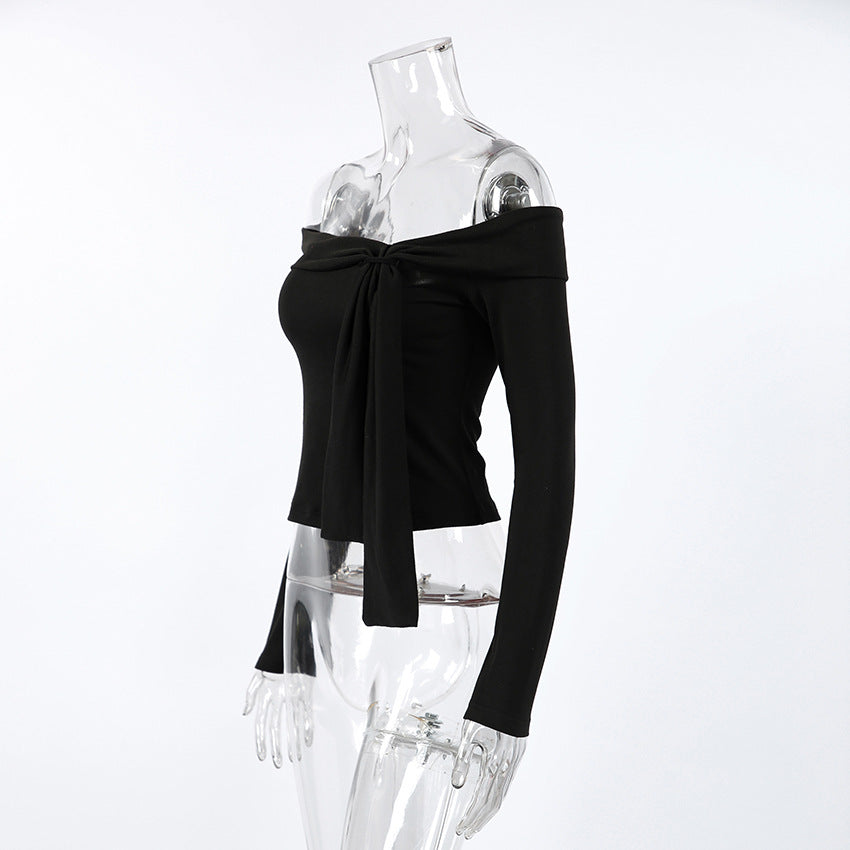 Intellectual off Neck Lace up Bow Long Sleeved Fitted T shirt Women Sexy Cold Shoulder Elegant Office All Matching Top