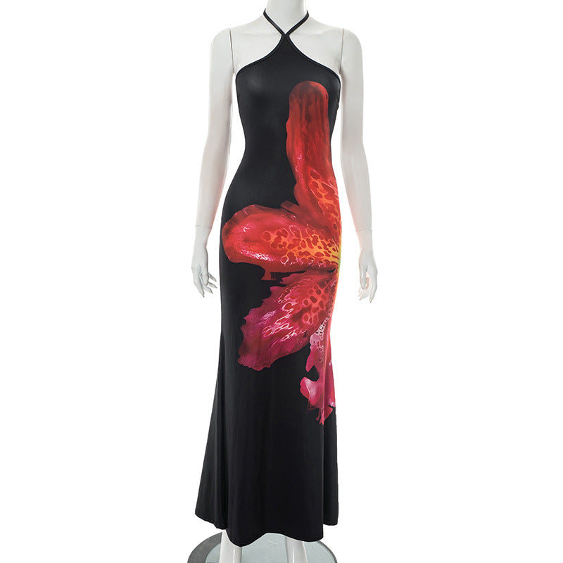 Women Floral Print Halter Lace up Sleeveless Backless Slim Fit Maxi Dress Women