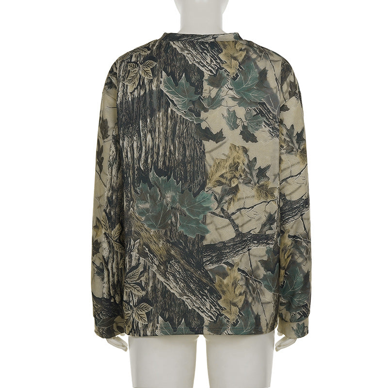 Retro Casual Camouflage Leaf Print Long Sleeve Crew Neck Sweater Spring Autumn Loose Long Sleeve Street Top
