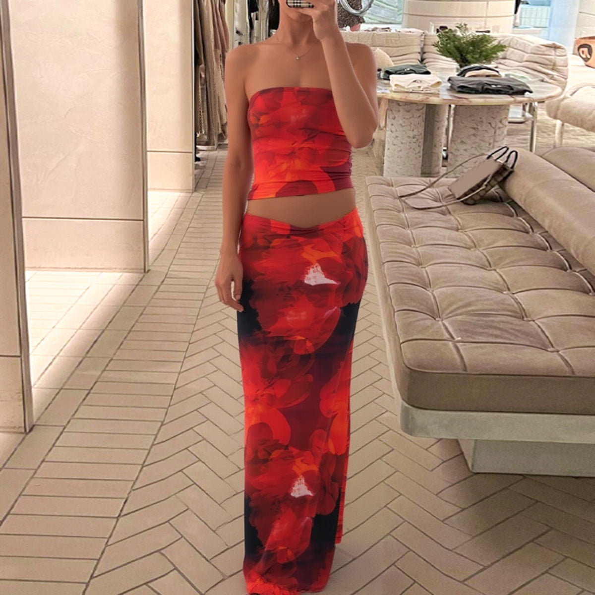 Women Summer Printed Sexy Tube Top Slim Skirt Set