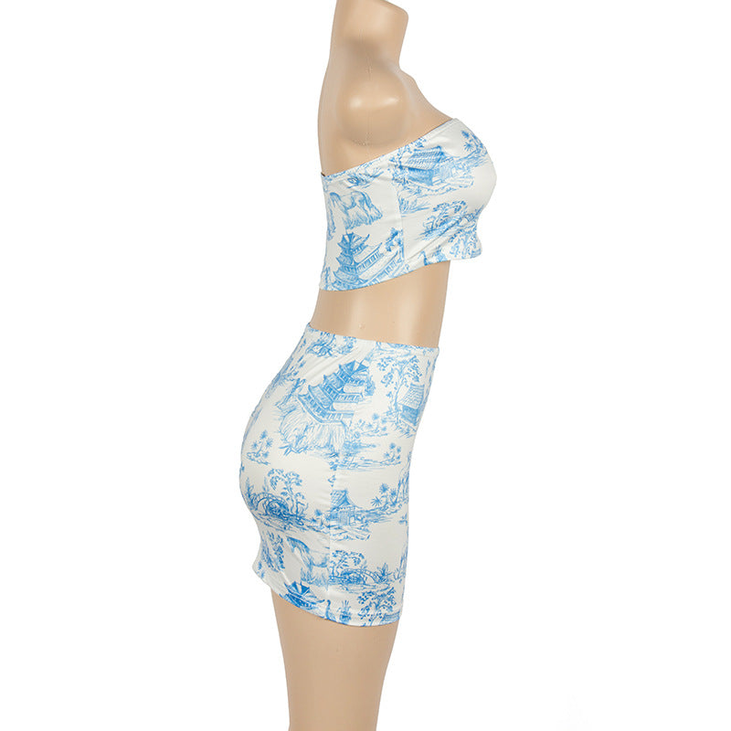 Sexy Summer Sleeveless Printed Tube Top Slim Fit Hip Wrapped Short Skirt Women Suit