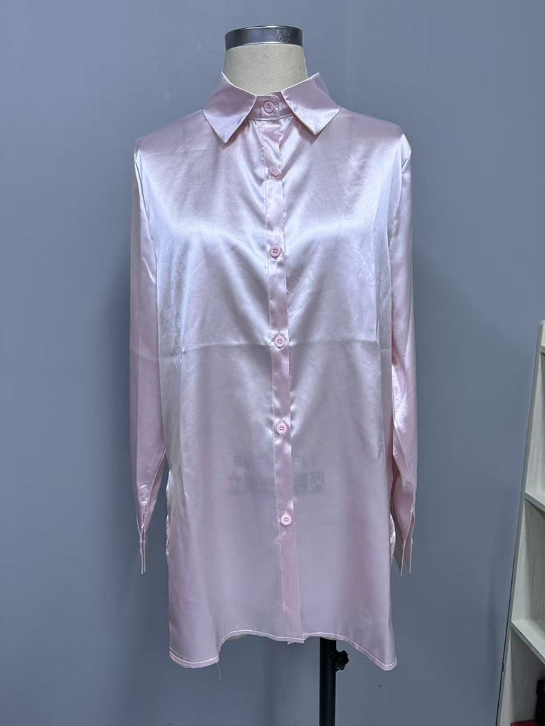 Elegant Satin Long Sleeved Shirt Spring Summer Solid Color Loose Faux Silk Shirt Long Sleeved Satin Top