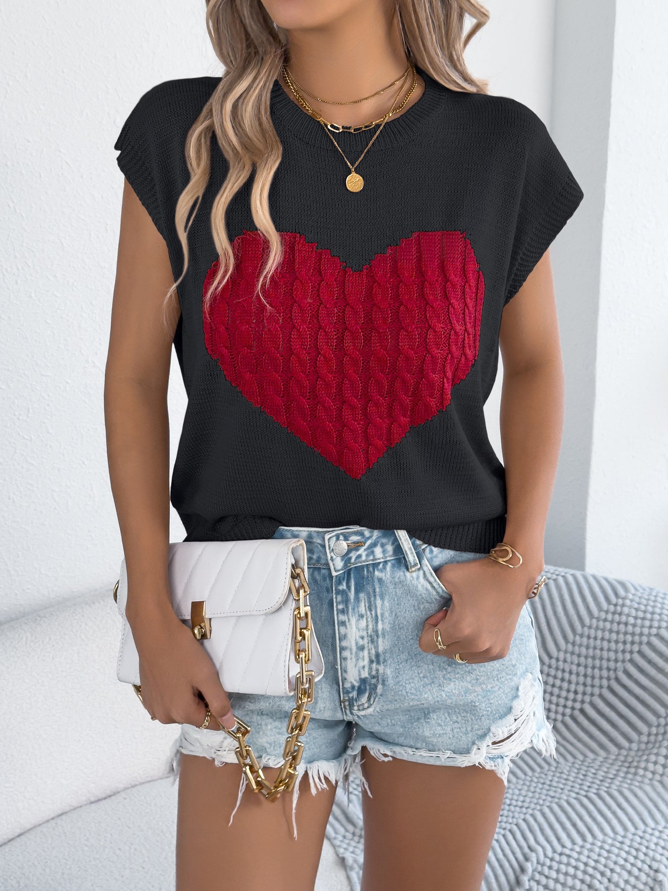 Spring Summer Contrast Color Love Casual Loose Knitwear Valentine Day Top Women Clothing