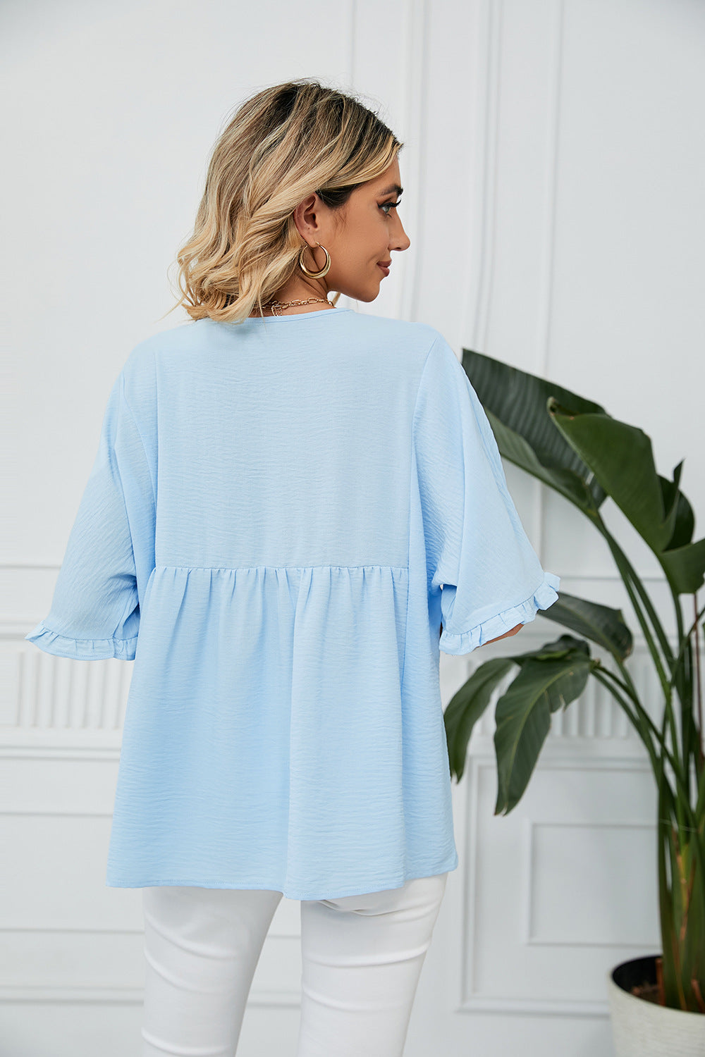 Summer Solid Color V-neck Loose Pleated Stitching Half Sleeve Chiffon Blouses for Women