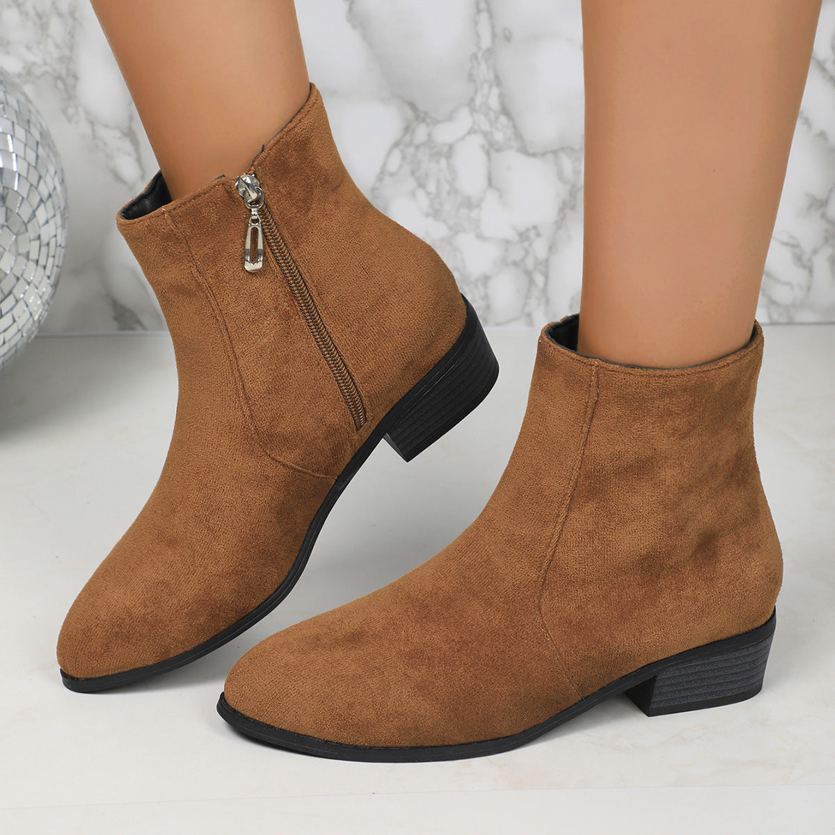 Suede Short Martin Boots Women Thick Heel with British Side Thin Coat with Zip Ankle Boots