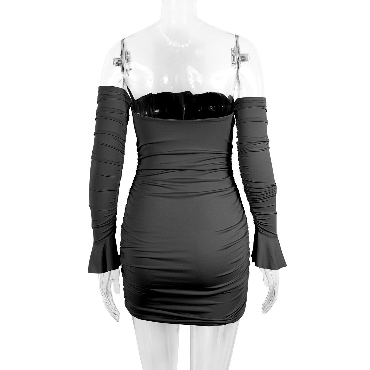 Women Clothing Spring Autumn Sexy Chest Wrapped Dress Chest Lace up Pleated Bell Sleeve Hip