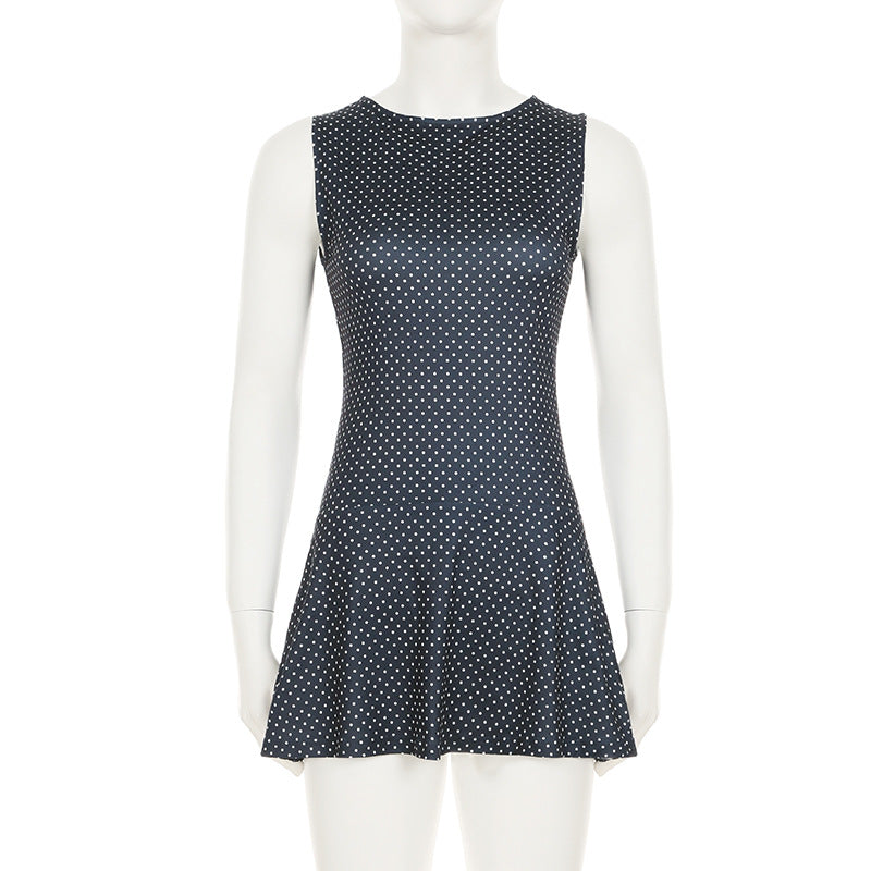 Women Polka Dot Dress Summer Sleeveless Casual Retro Sexy Mini Sleeveless Cinched Short Dress
