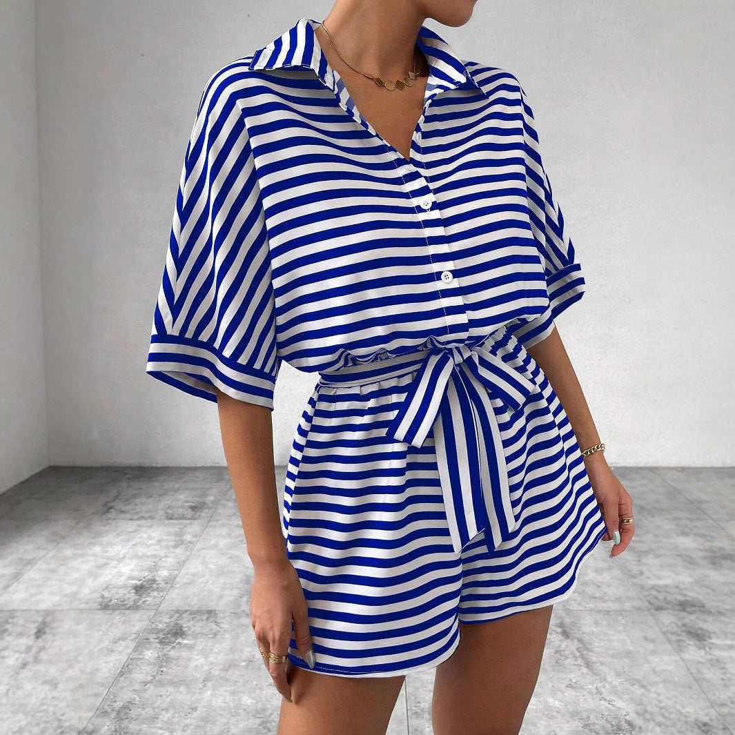Summer Women Clothing Striped Collared Cardigan Button Half Sleeve Shorts Jumpsuit