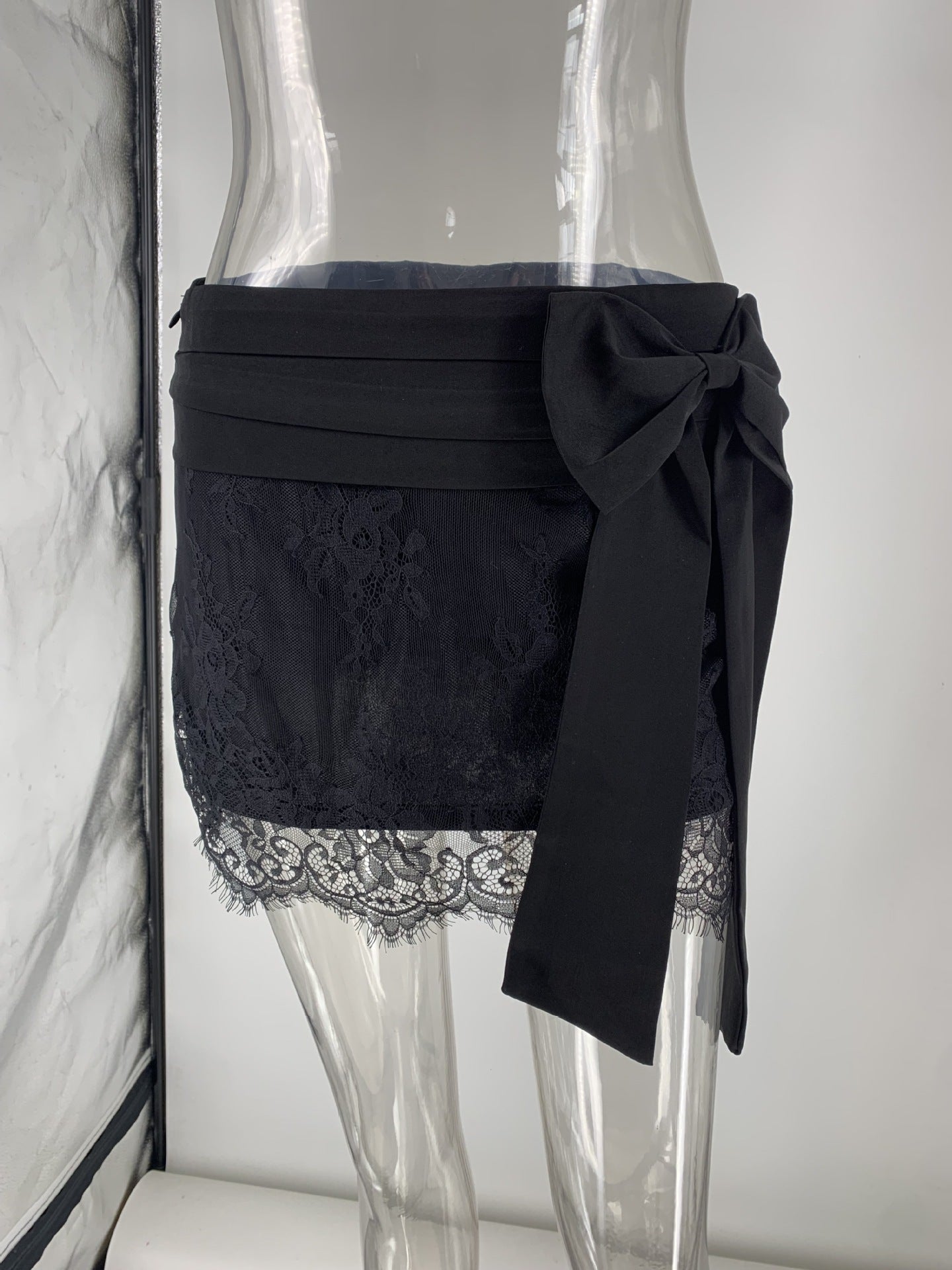 Satin Bow Lace Tights Mini Hip Skirt Two Piece Sets Women