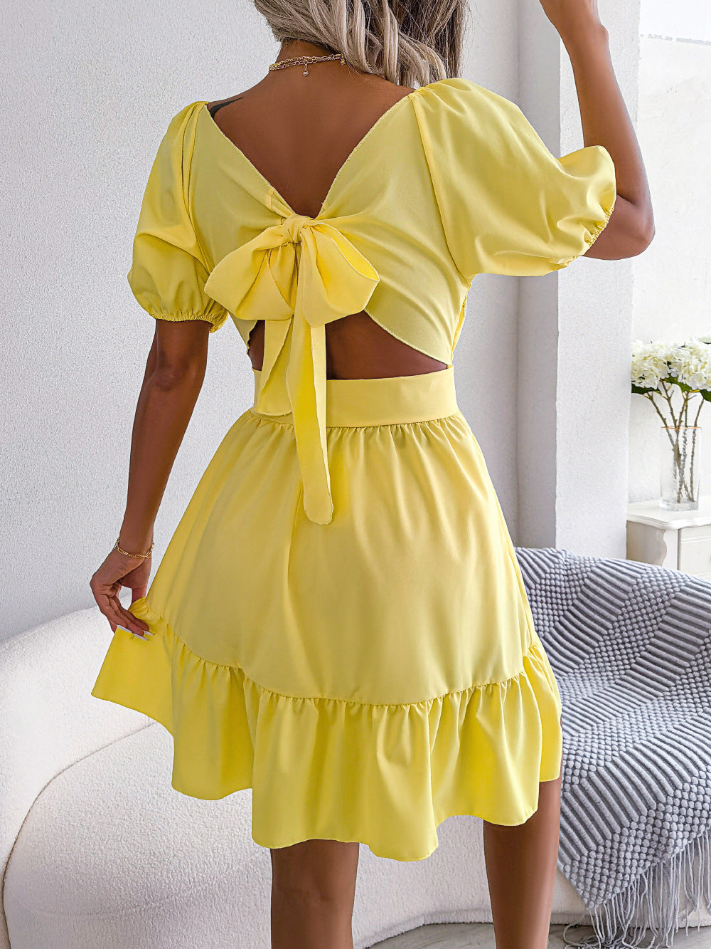 Spring Summer New Casual Square Collar Backless Tied Lotus Leaf Large Swing Dress Women Clothing Tiered Dress