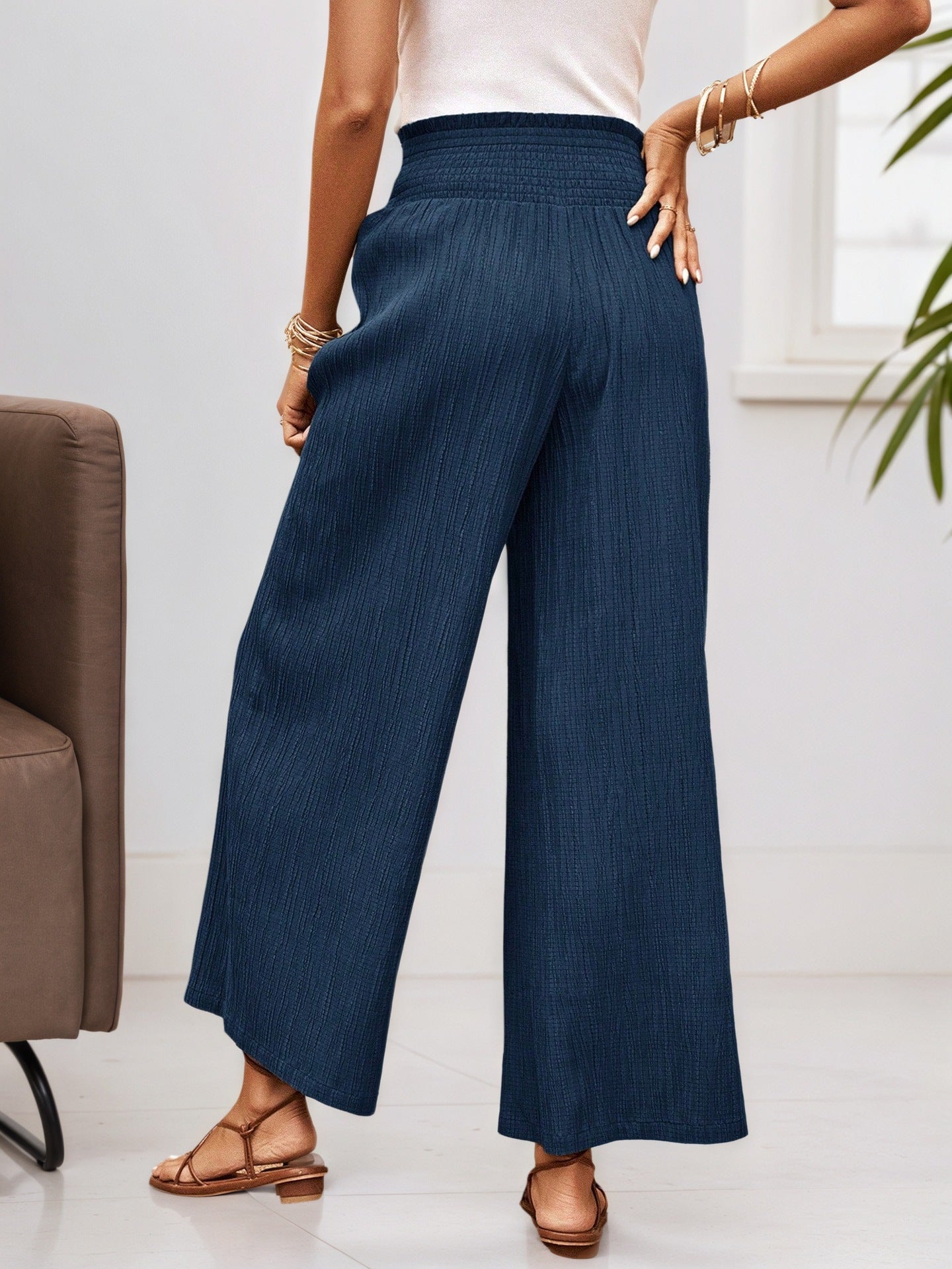 Summer High Waist Casual Three Dimensional Line Pleated Design Elastic Waist Loose Wide Leg Pants
