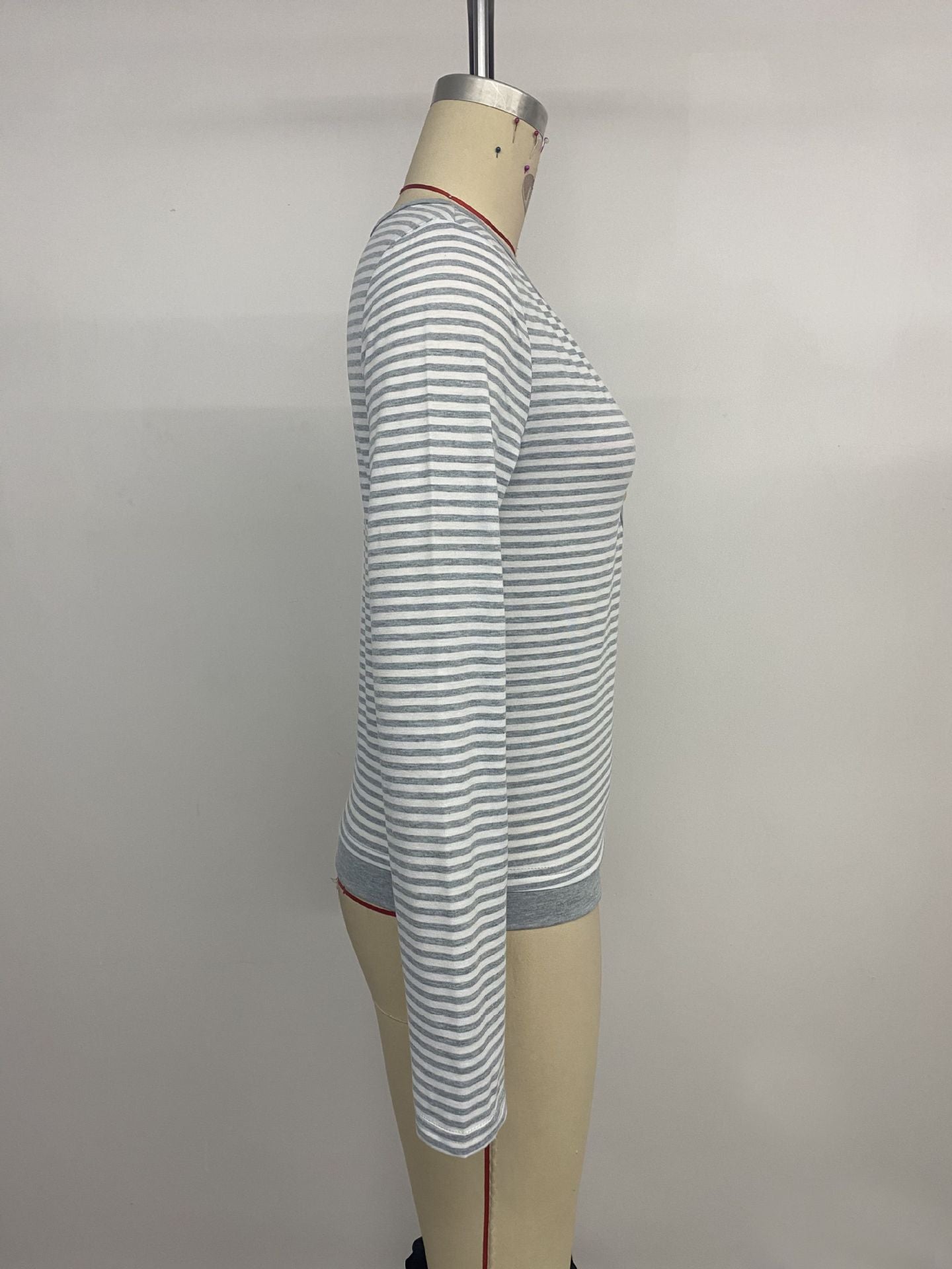 Autumn Casual Simple Top Long Sleeve Faux Two Piece Small V neck Striped T shirt Women